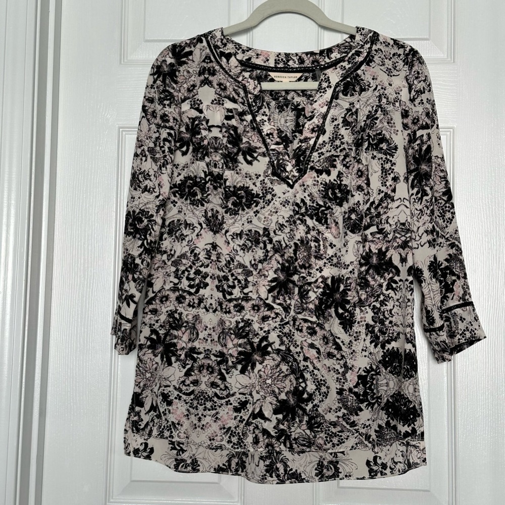 Rebecca Taylor Silk 3/4 Sleeve Black and White Floral Top Size 4